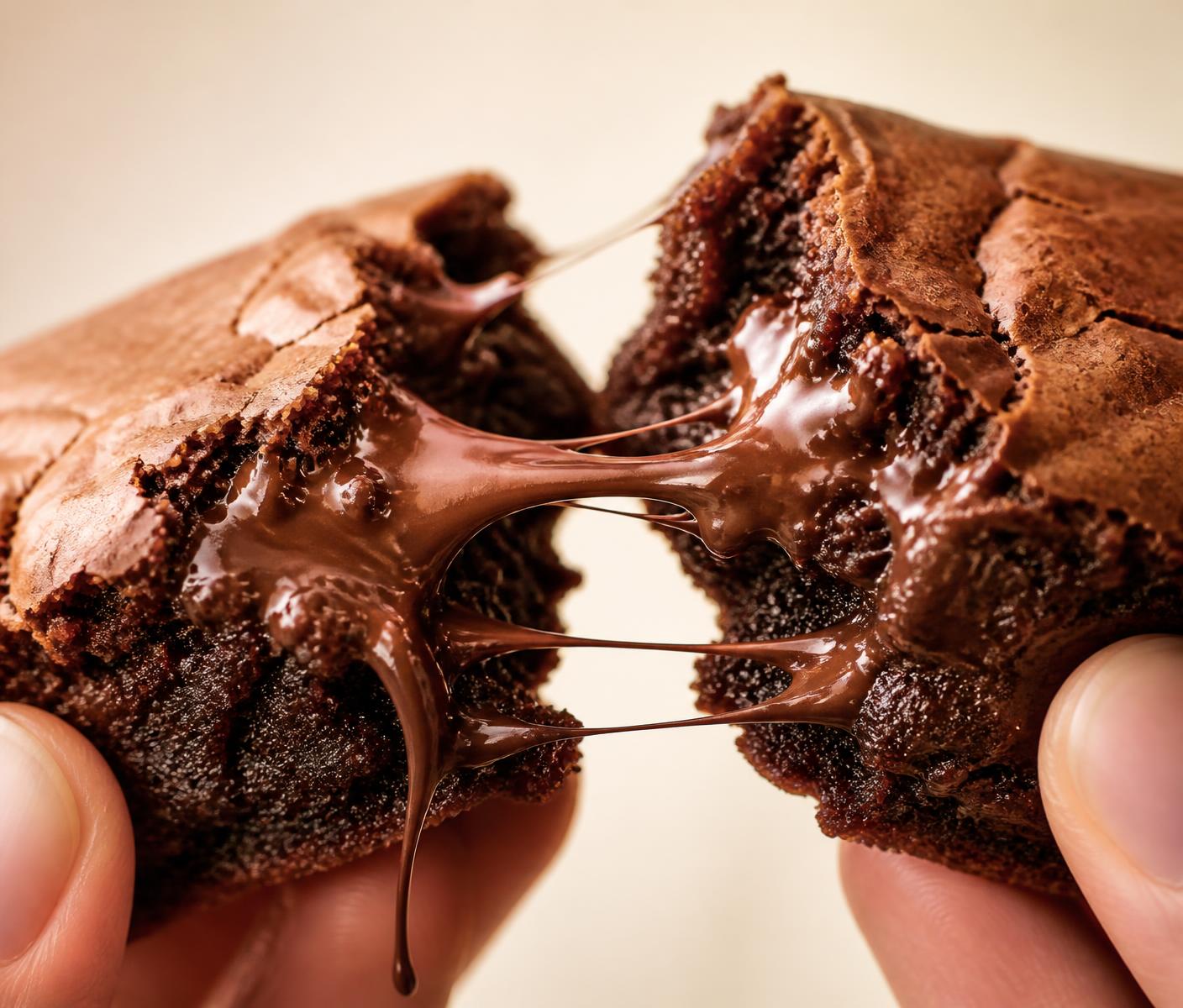Brownie artesanal sendo partido ao meio com chocolate derretido escorrendo