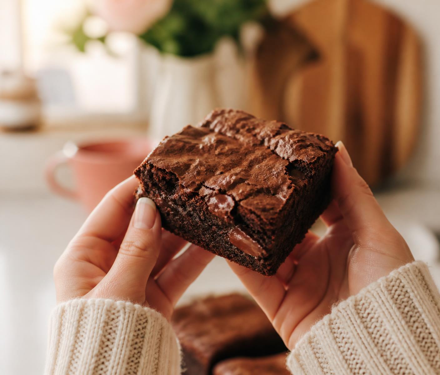 Mãos segurando um brownie artesanal recém-feito em Maringá