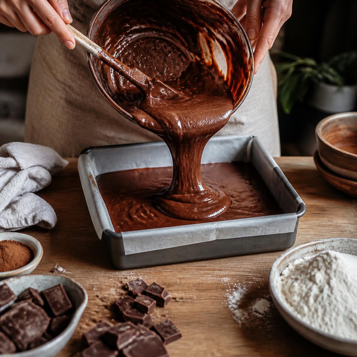 Massa de brownie artesanal sendo despejada na forma — produção caseira em Maringá